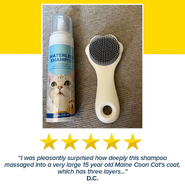 A bottle of Cat Waterless Shampoo with Brush sits on a gray surface, accompanied by a five-star rating and a review praising the shampoo’s effectiveness for a large Maine Coon cat’s triple-layer coat.