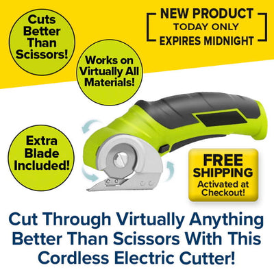 A handheld Cordless Electric Cutter with a self-sharpening blade and text overlays advertising free shipping, an extra blade, and superior cutting performance on all materials.