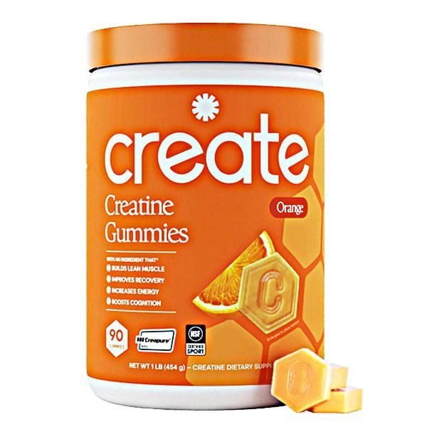 Create Creatine Gummies in orange flavor come in bright orange and white packaging with orange slices and gummy images. The label promotes muscle strength, recovery, energy, cognition, and Creapure Creatine Monohydrate.