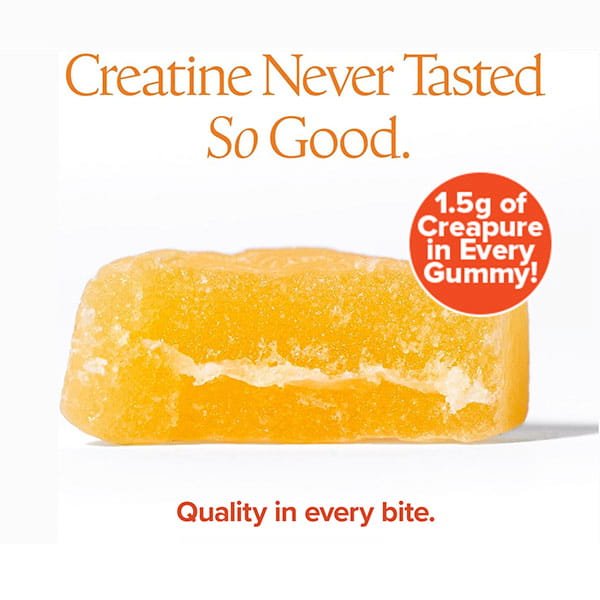 A close-up of a yellow Create Creatine Gummy with text above: Creatine Never Tasted So Good. A red circle says 1.5g Creapure® Creatine Monohydrate in Every Gummy! Text below: Quality and muscle strength in every bite.