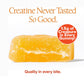 A close-up of a yellow Create Creatine Gummy with text above: Creatine Never Tasted So Good. A red circle says 1.5g Creapure® Creatine Monohydrate in Every Gummy! Text below: Quality and muscle strength in every bite.