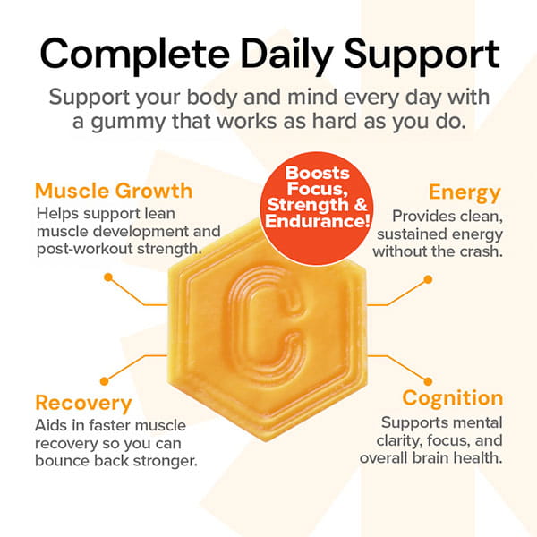 Create Creatine Gummies are orange hexagon-shaped gummies featuring a C, offering benefits like muscle growth, recovery, energy, and cognition. Powered by Creapure Creatine Monohydrate for better strength. A red circle highlights boosted focus, strength & endurance!.
