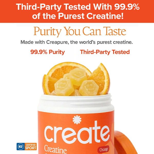 Open container of Create Creatine Gummies, topped with orange slices; text highlights 99.9% pure Creapure Creatine Monohydrate, third-party testing, the “Purity You Can Taste” slogan, and NSF Certified Sport logo.