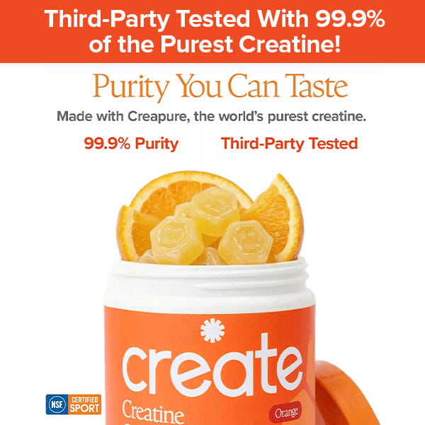 Open container of Create Creatine Gummies, topped with orange slices; text highlights 99.9% pure Creapure Creatine Monohydrate, third-party testing, the “Purity You Can Taste” slogan, and NSF Certified Sport logo.