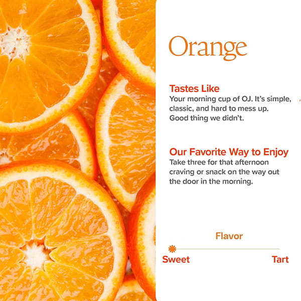 Close-up of orange slices on the left; on the right, text highlights their sweet and tart taste, plus fun ways to enjoy them—like Create Creatine Gummies with Creapure Creatine Monohydrate for muscle strength. The flavor meter leans toward sweet.