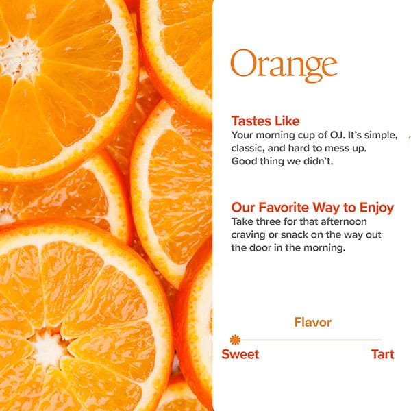 Close-up of orange slices on the left; on the right, text highlights their sweet and tart taste, plus fun ways to enjoy them—like Create Creatine Gummies with Creapure Creatine Monohydrate for muscle strength. The flavor meter leans toward sweet.