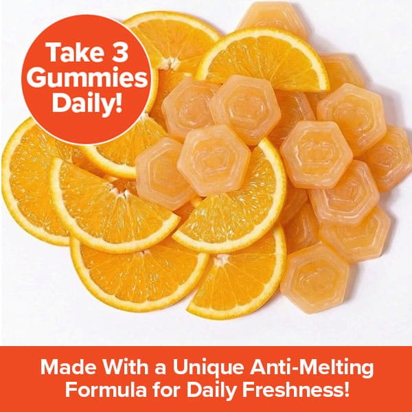 Create Creatine Gummies and orange slices are displayed together. Text on a red background reads: Take 3 Gummies Daily! Features a Unique Anti-Melting Formula for Freshness and Muscle Strength!.