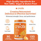 An orange and white ad for Create Creatine Gummies highlights their benefits: just 1g sugar, gluten-free, non-GMO, vegan, with 1.5g Creapure Creatine Monohydrate per gummy—boost muscle strength with 90 tasty gummies per jar.