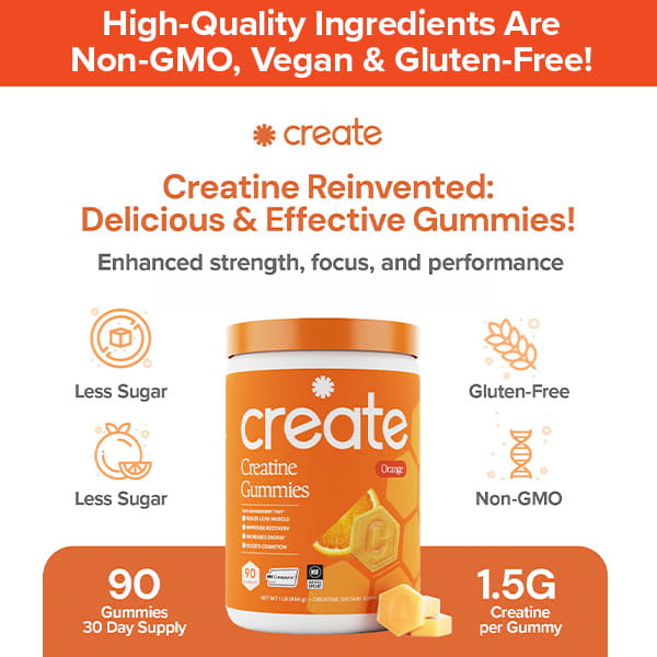An orange and white ad for Create Creatine Gummies highlights their benefits: just 1g sugar, gluten-free, non-GMO, vegan, with 1.5g Creapure Creatine Monohydrate per gummy—boost muscle strength with 90 tasty gummies per jar.