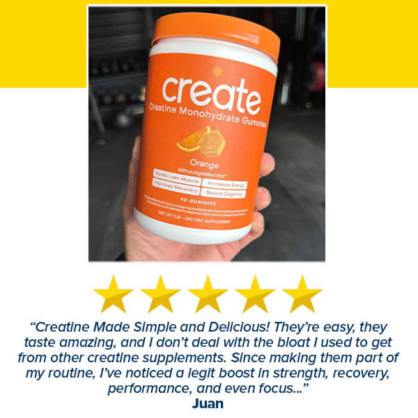 A hand holds Create Creatine Gummies (orange flavor), featuring Creapure Creatine Monohydrate. A 5-star review from Juan highlights the great taste, convenient use, and muscle strength benefits.