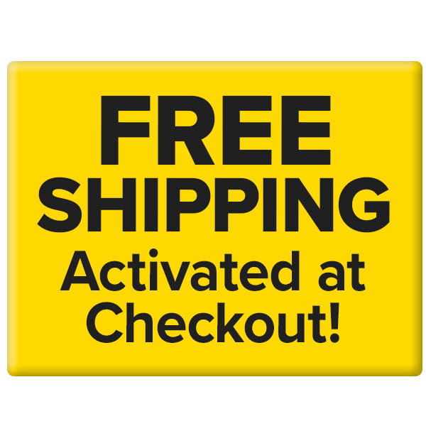 A yellow sign with bold black text saying FREE SHIPPING Activated at Checkout!—perfect for stocking up on the Dog Treat Toy With Refill Treats.