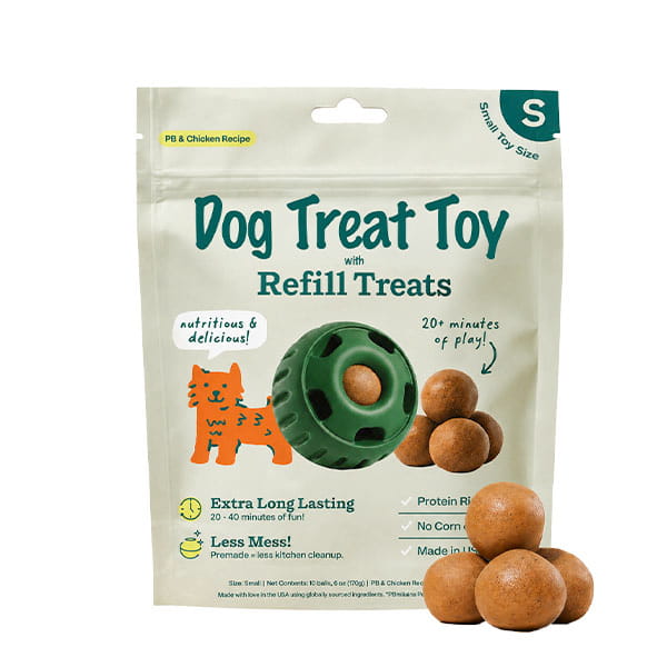 A compact package labeled Dog Treat Toy With Refill Treats displays a green toy ball alongside brown Peanut Butter Dog Treats. The text emphasizes extra long-lasting enjoyment and less mess, highlighting key features such as no corn or artificial flavors—making these Long Lasting Dog Chews an ideal choice for your pup.