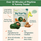 Dog Treat Toy With Refill Treats shown with labeled features: Long Lasting Dog Chews, made with 10 natural ingredients, no refrigeration required, pre-measured treats, and provides 20-40 minutes of playtime. Green toy and brown Peanut Butter Dog Treats displayed alongside a playful dog illustration.