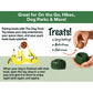 A Dog Treat Toy With Refill Treats in green is displayed, accompanied by text outlining its advantages. A hand is seen placing a treat into the toy, while an illustration shows a dog enjoying playtime with it. The highlighted features emphasize that the Dog Treat Toy With Refill Treats is durable, ideal for peanut butter treats, nourishing, and entertaining for dogs.