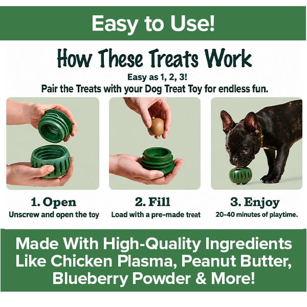 Here is a rewritten version of the sentence using your provided product data: Just follow three easy steps to use the Dog Treat Toy With Refill Treats: unscrew to open, fill with a delicious Peanut Butter Dog Treat or your pup’s preferred snack, and give it to your black puppy for hours of enjoyment. Packed with high-quality ingredients such as chicken plasma and peanut butter, these Long Lasting Dog Chews offer lasting, flavorful fun.