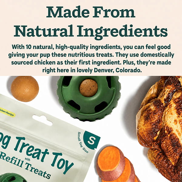 Dog Treat Toy With Refill Treats placed next to a cooked chicken and slices of sweet potato, emphasizing its natural ingredients and local sourcing in Denver, Colorado. Features long-lasting chews made from real, wholesome ingredients for your pup’s enjoyment.