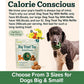 A black poodle holds the Dog Treat Toy With Refill Treats in its mouth. Text explains the calorie content for different toy treat sizes, including options ideal for Peanut Butter Dog Treats. The image shows a treat package and refill balls. Bottom text reads, Choose From 3 Sizes for Dogs Big & Small!.