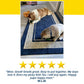 Two small dogs chew on green Dog Treat Toy With Refill Treats while lying on a navy and beige rug by a door. A plush toy sits nearby, perhaps waiting to be stuffed with tasty treats. Below the photo, five gold stars and a positive customer review are displayed.
