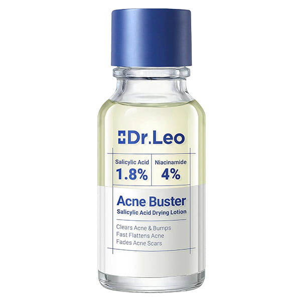 A small bottle of Dr. Leo Acne Buster with a blue cap, featuring a label that lists 1.8% salicylic acid and 4% niacinamide to target post-acne marks.
