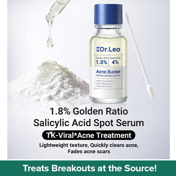 A bottle of Dr. Leo Acne Buster 1.8% salicylic acid spot treatment next to a pile of white powder and a cotton swab, labeled to clear breakouts and fade post-acne marks.
