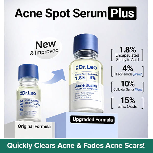 Two bottles of Dr. Leo Acne Buster, one labeled Original Formula and the other Upgraded Formula, displayed with a list of ingredients including salicylic acid, niacinamide, colloidal sulfur, and zinc oxide.
