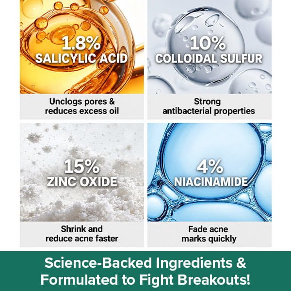 Four-panel graphic for Dr. Leo Acne Buster showcasing ingredients: 1.8% salicylic acid, 10% colloidal sulfur, 15% zinc oxide, and 4% niacinamide to help fade post-acne marks, with captions explaining their specific skin benefits.