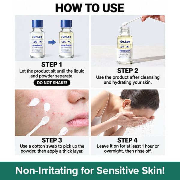 Four-step instructional graphic for Dr. Leo Acne Buster: letting the liquid and powder separate, using a swab to pick up the sediment, dabbing it onto blemishes, and rinsing off the salicylic acid after at least an hour.