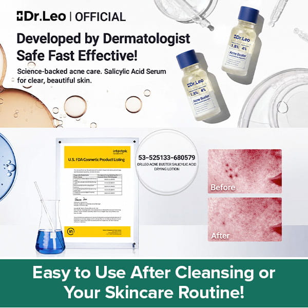 Two bottles of Dr. Leo Acne Buster serum, a laboratory certificate, and a before-and-after comparison of skin with post-acne marks, accompanied by text promoting dermatologist-developed skincare.