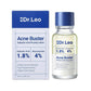 A bottle of Dr. Leo Acne Buster salicylic acid acne spot treatment next to its cardboard packaging, both labeled with 1.8% salicylic acid and 4% niacinamide.
