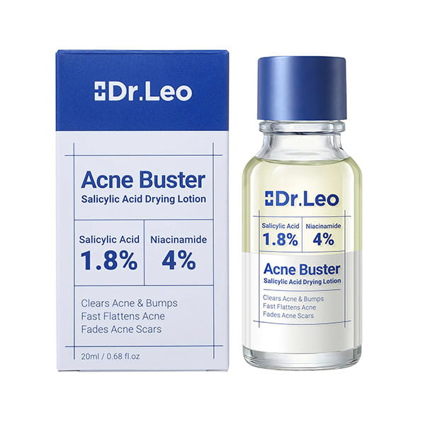 A bottle of Dr. Leo Acne Buster salicylic acid acne spot treatment next to its cardboard packaging, both labeled with 1.8% salicylic acid and 4% niacinamide.