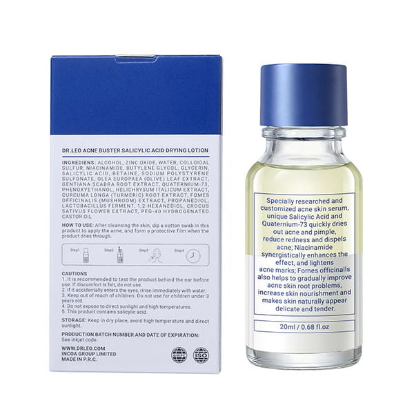 A blue rectangular Dr. Leo Acne Buster product box next to a small clear glass bottle, both featuring labels with ingredient lists and usage instructions.