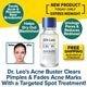 A bottle of Dr. Leo Acne Buster surrounded by text bubbles listing benefits, a before-and-after photo of a person’s face, and a promotional banner for free shipping.