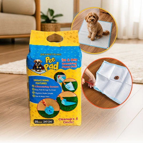 A package of Drawstring Pee Pads (Includes 25 Pads) featuring a small brown dog sitting on one of the pads, with close-up images showcasing pad details. The packaging emphasizes the drawstring pee pad design for easy cleanup and excellent odor control, helping to keep your home fresher.