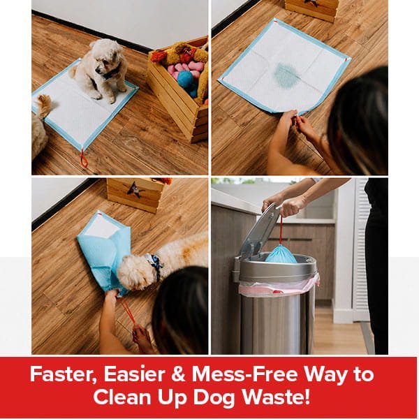 Four images show a person using the Drawstring Pee Pad (Includes 25 Pads) to clean up after a dog. The pads are folded and thrown away neatly, with the message: Faster, Easier & Mess-Free Way to Clean Up Dog Waste! Enjoy added convenience and confidence thanks to superior odor control.