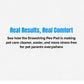 Text reads: Real Results, Real Comfort. See how the Drawstring Pee Pad (Includes 25 Pads) is making pet care cleaner, easier, and more stress-free for pet parents everywhere.