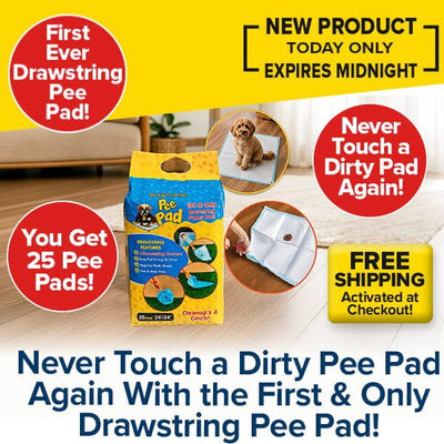 Promotional ad for Drawstring Pee Pad, showcasing a vibrant yellow and blue bag and a small dog. The ad highlights key features: innovative drawstring pee pad design, leak-proof protection, advanced odor-control technology, 25 pads included per pack, plus free shipping.