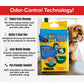 A dog sits beside a pack of Drawstring Pee Pad (Includes 25 Pads). The text highlights advanced odor-control technology, touch-free cleanup, quick and easy use, reduced waste, and pet-friendly comfort. Colorful boxes display key product features and benefits—such as leak-proof protection—for easy viewing.