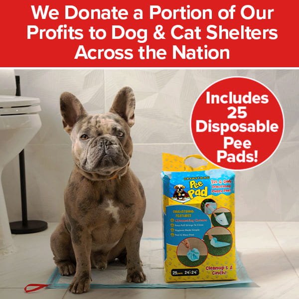 A French Bulldog sits on a Drawstring Pee Pad (Includes 25 Pads), next to the pack in a bathroom. Text says profits are donated to shelters and the pack contains 25 disposable pee pads.