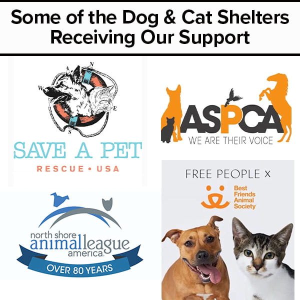 A collage of logos from animal shelters—Save a Pet, ASPCA, North Shore Animal League America, and Best Friends Animal Society—features a cat and dog pictured alongside the Drawstring Pee Pad (Includes 25 Pads), highlighting its leak-proof design and odor control for a clean and comfortable environment.