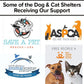 A collage of logos from animal shelters—Save a Pet, ASPCA, North Shore Animal League America, and Best Friends Animal Society—features a cat and dog pictured alongside the Drawstring Pee Pad (Includes 25 Pads), highlighting its leak-proof design and odor control for a clean and comfortable environment.