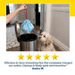 A person tosses a tied Drawstring Pee Pad (Includes 25 Pads) bag into a trash can as a small, fluffy dog looks up; beneath the image, a five-star review praises this odor control pee pad product.