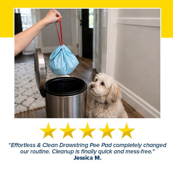 A person tosses a tied Drawstring Pee Pad (Includes 25 Pads) bag into a trash can as a small, fluffy dog looks up; beneath the image, a five-star review praises this odor control pee pad product.
