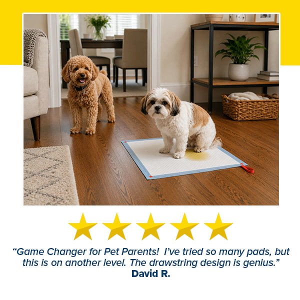 A small dog sits on a Drawstring Pee Pad (Includes 25 Pads), which is leak-proof, while another dog stands nearby on a hardwood floor. Below, a five-star rating and a positive customer review highlight the pad’s impressive absorbency.