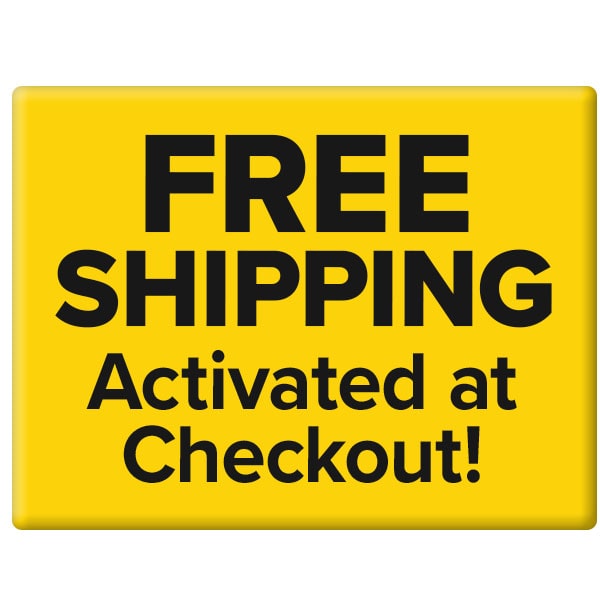 Yellow sign with bold black text that reads, FREE SHIPPING Activated at Checkout! Ideal for your Electric Food Warming Mat—crafted from food-grade silicone and designed for rapid heating of all your meals.