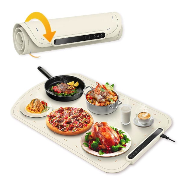 The Electric Food Warming Mat, crafted from food-grade silicone for safe everyday use, is unrolled to reveal a digital white table mat with a control panel keeping various hot meals—such as steak, pasta, pizza, soup, roast chicken, coffee, and milk—warm. Its rapid heating technology ensures your dishes stay perfectly warm.