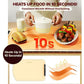 An Electric Food Warming Mat is shown with a glass, sandwich, pot, and skewers placed on top. The text reads “Electric Food Warming Mat—Heats Up Food in 10 Seconds!” and features heat symbols along with an illustration of the rapid heating mat made from food-grade silicone for safe and efficient use.