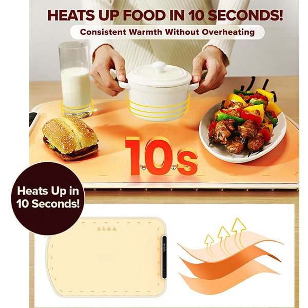 An Electric Food Warming Mat is shown with a glass, sandwich, pot, and skewers placed on top. The text reads “Electric Food Warming Mat—Heats Up Food in 10 Seconds!” and features heat symbols along with an illustration of the rapid heating mat made from food-grade silicone for safe and efficient use.