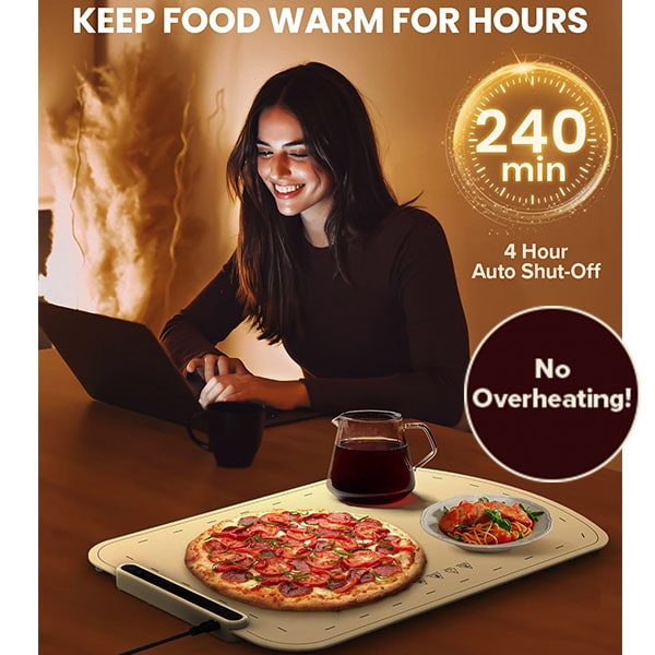 A woman works on a laptop beside the Electric Food Warming Mat, which keeps pizza, a drink, and salad warm. Text reads: Keeps food warm for hours, rapid heating, 240 minutes/4-hour auto shut-off, and no overheating! Made with food-grade silicone for safe use.