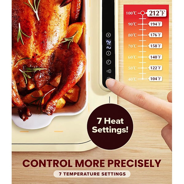 A person points to the heat settings on a digital cooker placed next to a roasted chicken in a dish, showcasing the Electric Food Warming Mat for rapid heating. A temperature chart is displayed, along with the text: “7 Heat Settings! Control More Precisely.”.