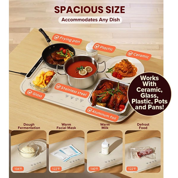 Certainly! Here’s a revised sentence using the provided product data: The Electric Food Warming Mat functions as a spacious warming tray, accommodating various types of cookware—including a frying pan, ceramic bowl, plastic container, glass dish, metal pot, and aluminum tray (as well as food-grade silicone)—with each item clearly labeled by material. Featuring rapid heating performance, the mat also conveniently displays items such as facial masks and milk beneath it, alongside their corresponding